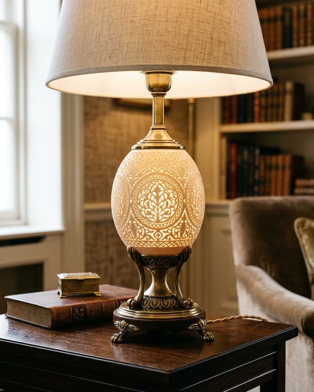 A luxury table lamp made from a carved ostrich egg shell
