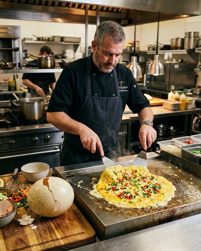 A chef preparing a large-scale omelette with an ostrich egg