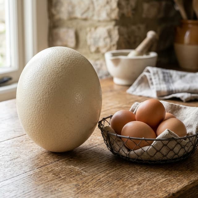 Ostrich egg placed next to standard chicken eggs for scale