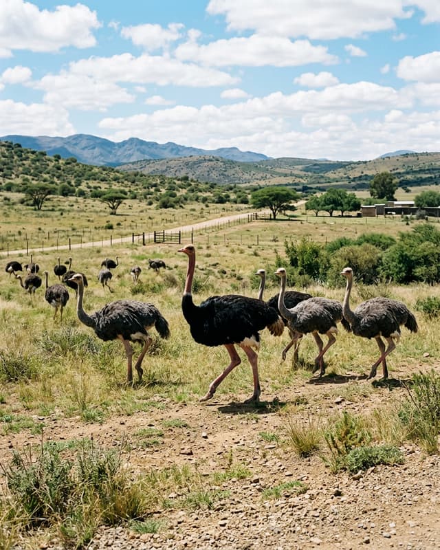 Healthy ostriches in an open, natural farm environment